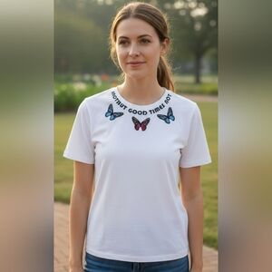 Maje White Tee with Colorful Butterfly Embroidery